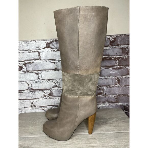 Loeffler Randall Grey Leather Suede Tall Riding Heel Boots Women Sz 8.5B US/39EU - Picture 1 of 16